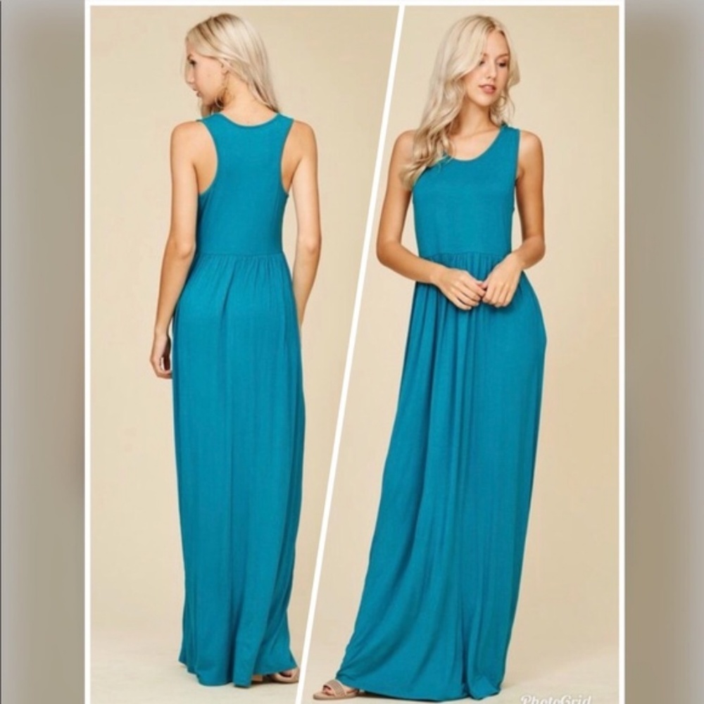 Racer Back Pleated Loose Solid Long Dress - Picture 2 of 3